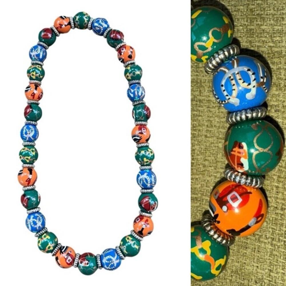 Angela Moore Classic Handpainted Beaded Necklace  Equestrian Horse Racing Theme